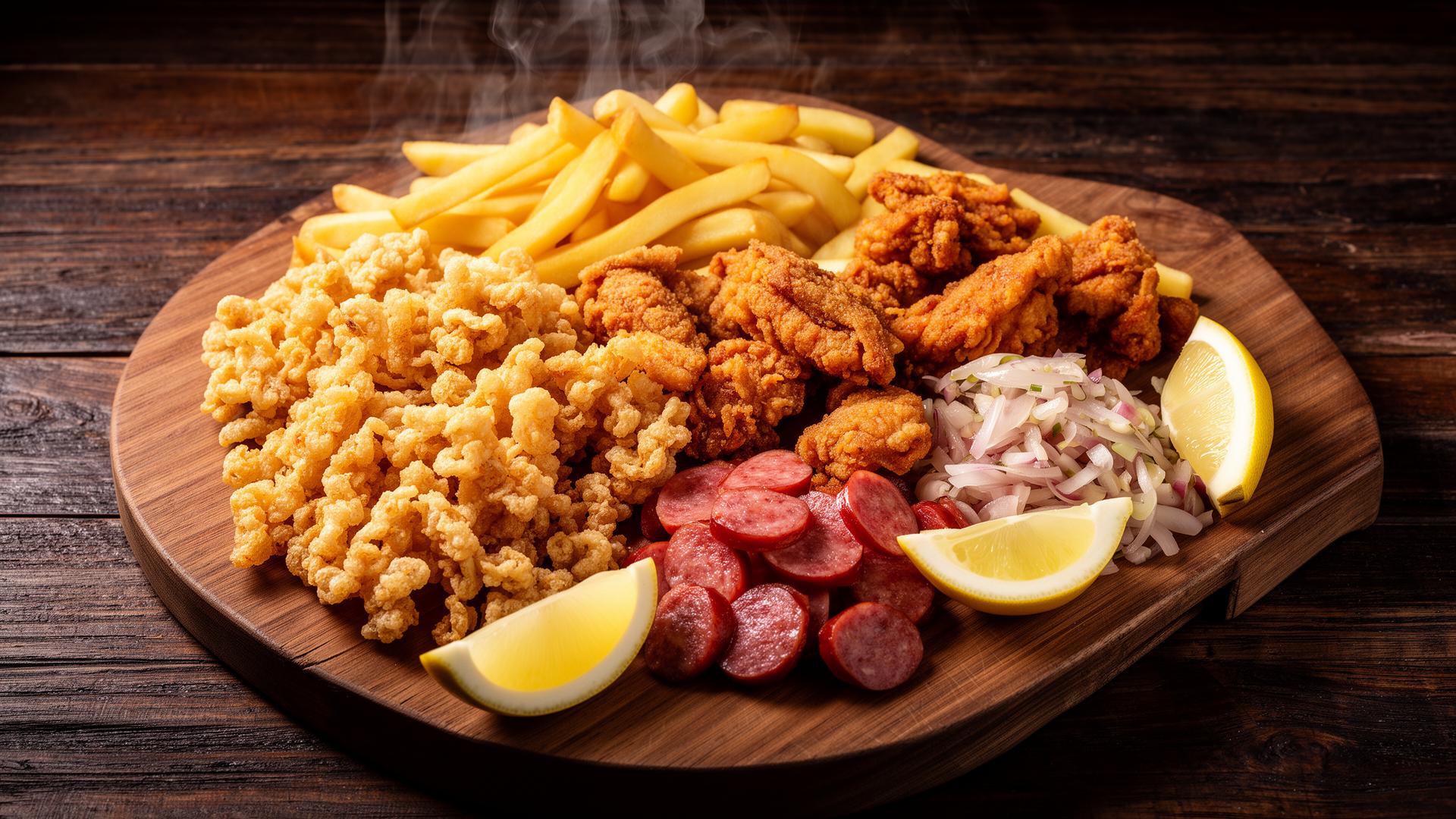 Tábua farta de porções de boteco: torresmo, batata frita, frango a passarinho e calabresa